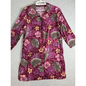 Vintage Hawaiian Mini Dress Size M Maroon Floral Button Up Tunic